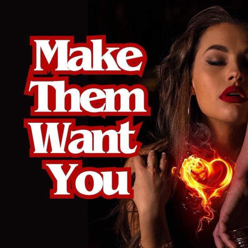 K&ouml;nnte beinhalten: Eine Frau mit langen dunklen Haaren und rotem Lippenstift ist mit einem feurigen Herzen auf ihrer Brust zu sehen. Der Text "Make Them Want You" ist in fetten wei&szlig;en Buchstaben auf rotem Hintergrund.