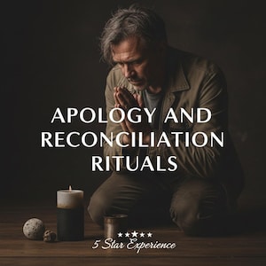 May include: An image featuring a man kneeling with hands clasped in prayer. The text "APOLOGY AND RECONCILIATION RITUALS" is displayed in white. A lit candle, a small stone, and a tin can are on a wooden surface.