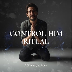 Pode incluir: Imagem de um homem ajoelhado com as mãos juntas em oração, parecendo angustiado. O texto "CONTROL HIM RITUAL" está em branco, com "5 Star Experience" na parte inferior. Fundo cinza escuro com efeitos de raios azuis, sugerindo um ritual.