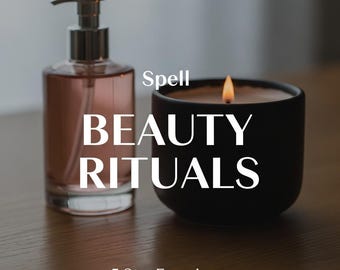 May include: A clear glass bottle with a silver pump dispenser and a pink liquid next to a black candle with a lit flame. The text "Spell BEAUTY RITUALS" is displayed in white, with "5 Star Experience" below.