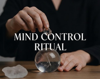 May include: A person holding a clear crystal over a clear crystal ball. The text "MIND CONTROL RITUAL" is displayed in white, along with "5 Star Experience" at the bottom. The background is a dark color.