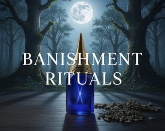 May include: A blue glass bottle with a gold-colored top, labeled "BANISHMENT RITUALS" under a full moon in a forest setting. The words "5 Star Experience" are at the bottom.