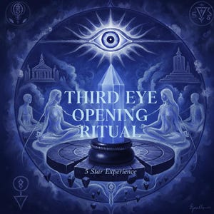 May include: A blue illustration with a central crystal, an eye, and meditating figures. The text reads "Third Eye Opening Ritual" and "5 Star Experience". The artwork has a spiritual or metaphysical theme.
