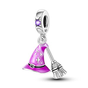 May include: A silver charm with a purple gemstone, a pink witch hat with stars and a crescent moon, and a silver broom. The hat has a black band. The charm is a Halloween-themed accessory.
