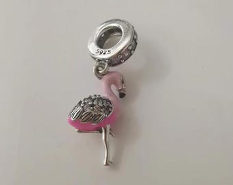 Charms de flamenco con circonita cúbica rosa brillante de Pandora en plata de ley 925, joyería de cuentas DIY