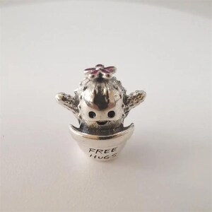 May include: A silver-toned charm in the shape of a cactus with arms, a smiling face, and a flower on top. The cactus is in a pot with the words "FREE HUGS" engraved on it. The charm is likely for a bracelet or necklace.
