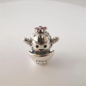 May include: A silver-toned charm in the shape of a cactus with arms, a smiling face, and a flower on top. The cactus is in a pot with the words "FREE HUGS" engraved on it. The charm is likely for a bracelet or necklace.