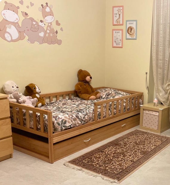 Wooden Kids Bed with Drawers and Rails | Toddler Low Profile Bed | Montessori Style Furniture | Solid Wood  |  Montessori Toddler Furniture