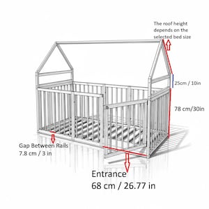 Montessori Floor House Bed with Fence And Gate | Wooden Toddler Playpen Bed | Low Playhouse Crib | Nursery Furniture image 4