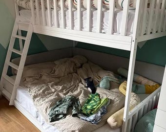 Stapelbed in Montessori-stijl met onderbed, peuterhoogslaper van massief essenhout, ruim onderbed, schuine ladder, kinderkamerbed van natuurlijk hout