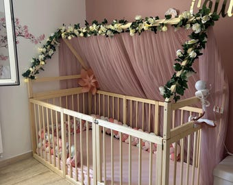 Montessori Floor House Bed with Fence And Gate | Wooden Toddler Playpen Bed | Low Playhouse Crib | Nursery Furniture