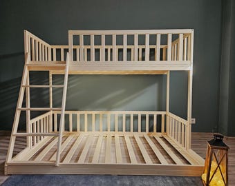 Solid Aspen Wood Bunk Bed with Floor Bed, Sibling Shared Bedroom Loft, Spacious Bottom Bed with Safe Angled Ladder, Natural Kids Furniture