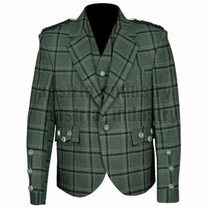 Scottish Traditional Style Lovat Green Argyle Kilt Jacket | Kilt Jacket With Vest | Tweed Wool Wedding Coat |  Chest Size 34&quot; to 54 Inches