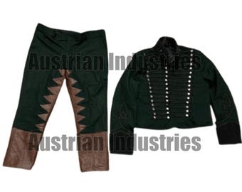 May include: A dark green military-style jacket and matching pants. The jacket has a high collar, silver buttons, and black trim. The pants are dark green with brown leather accents and a unique zig-zag design. The text "Austrian Industries" is visible.
