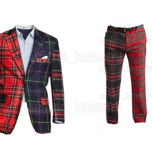 Men&#39;s Scottish Royal Stewart Tartan Suit |   Dual Colour Tartan Jacket and Trouser   | Custom-made Wedding Suit For Men&#39;s