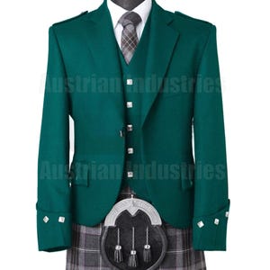 Scottish Men&#39;s Lovat Green Argyle Kilt Jackets | Kilt Jacket With Vest |  Handmade Serge Wool Wedding Coat |  Chest Size 34&quot; to 54 Inches