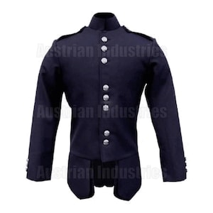 May include: A dark blue jacket with a high collar and silver buttons. The jacket has a long tail and is made of a thick fabric.