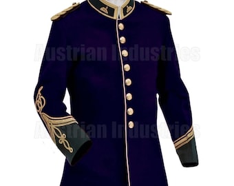 May include: A dark blue military jacket with gold buttons and trim. The jacket has a stand-up collar with a green trim and gold embroidery. The sleeves have gold braid and green trim.