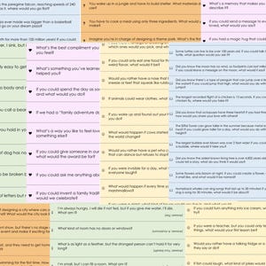 May include: A colorful chart with various questions and prompts, including hypothetical scenarios and thought-provoking inquiries. The text is in English, with questions about animals, food, and personal preferences.