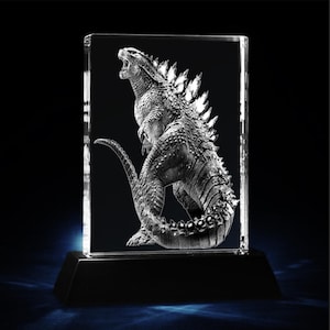 Realizzato su misura - Targa con immagine incisa al laser con LED Godzilla, illuminazione bianca, espositore in cristallo + scatola regalo, base a LED e lampada con cavo