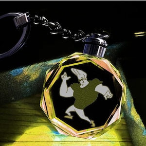 Custom hand made - Johnny Bravo  LED color changing K9 Crystal keychain - w 7 colors also Gift Box and battery inc