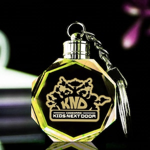 Pode incluir: Um porta-chaves facetado e iluminado com corrente e argola prateadas. O porta-chaves tem uma face preta com o texto "KND CODNAME: KIDS NEXT DOOR" em dourado. As bordas do porta-chaves são delineadas em amarelo-esverdeado.