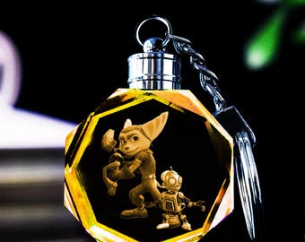 Custom hand made - Ratchet & Clank LED color changing K9 Crystal keychain - w 7 colors also Gift Box and battery inc
