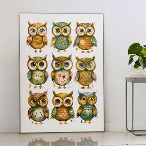 Cute Owls Art Print | Whimsical Woodland Animal Poster | Nursery Room Decor | Colorful Owl Collection | Charming Forest Creature Art