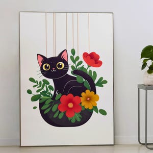Póster de cesta colgante de gato negro: adorable arte floral de pared, estampado de gatitos caprichosos, decoración bohemia de animales para habitaciones infantiles o amantes de los gatos.