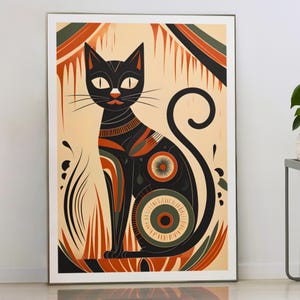 黒猫ウォールアートポスター - 鮮やかな幾何学模様のヴィンテージスタイルの装飾、レトロな猫のプリント、ユニークなギフトアイデア - 猫好きの方