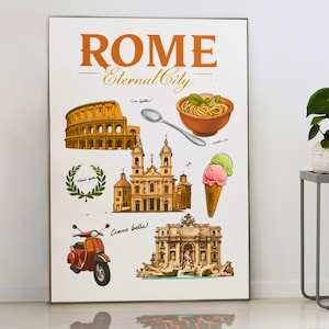 Rome Italy Wall Art – Eternal City Poster with Colosseum, Pasta, Gelato & Vespa, Italian Travel Print, Vintage Rome Decor