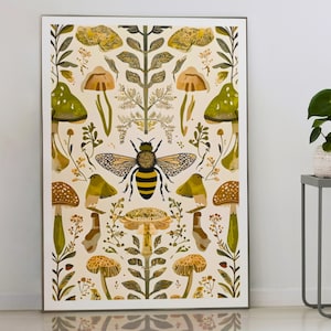 Art Nouveau Bee Poster - Whimsical Mushroom Wall Art, Nature-Inspired Decor, Vintage Style Print