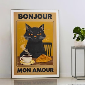 Vintage Cat Coffee Art – French Café Poster with Croissant, Retro Wall Decor for Cat Lovers & Francophiles - Coffee and Croissants