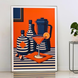 Retro Cocktail Poster - Lebendige Orange Martini mit gestreiften Flaschen - Vintage Bar Wand Kunst Druck für Küche, Lounge - Klassisches Drink Design