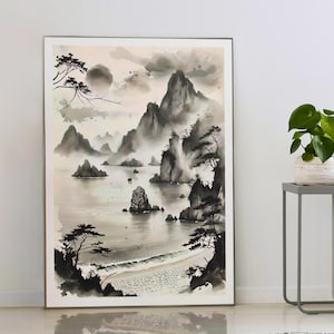 Arte tradizionale cinese / Poster di paesaggio in bianco e nero / Decorazione di lago di montagna zen / Stampa di pittura a inchiostro asiatica / Arte murale orientale pacifica