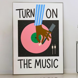 Turn On the Music Wall Art – Retro Vinyl Record Print, DJ Art Poster, Colorful Music Lover Gift, Funky Home Decor
