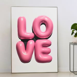 Arte mural LOVE: póster tipográfico rosa intenso, arte pop moderno imprimible, regalo romántico y divertido, impresión con cita de letras de burbujas para decoración del hogar.