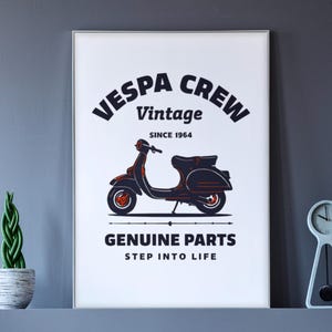 Vintage Vespa Scooter Poster – Retro Motorcycle Wall Art, Vespa Crew Since 1964, Genuine Parts Print, Garage or Man Cave Decor