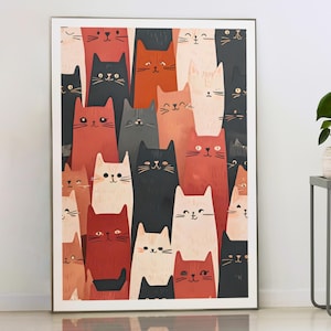 Póster minimalista de gato: impresión artística colorida y caprichosa de gatitos para amantes de los gatos, decoración de habitaciones infantiles o de guardería.