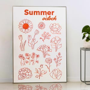 Summer O'Clock Wall Art - Florale Zeichnung, minimalistisches botanisches Poster, handgezeichnete Blumenskizze für den saisonalen Dekor