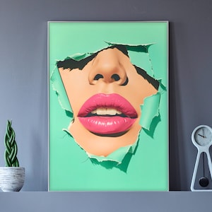 Póster de labios rosados intensos - Arte mural con fondo verde - Impresión moderna de maquillaje y belleza para dormitorio, tocador y decoración del hogar con un llamativo diseño de lápiz labial.