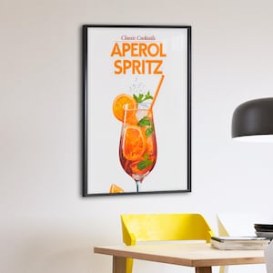 Póster de cóctel Aperol Spritz: arte mural vibrante para la cocina o el salón. Impresión de bebida veraniega naranja. Decoración clásica para cócteles.