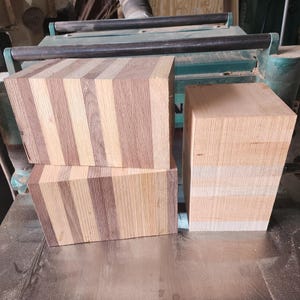 3 (Three) beautiful kiln dried laminated mixed hardwood, walnut, cherry, oak, bowl blanks great for lathe turning approximately 5&quot; X 5&quot; X 8&quot;