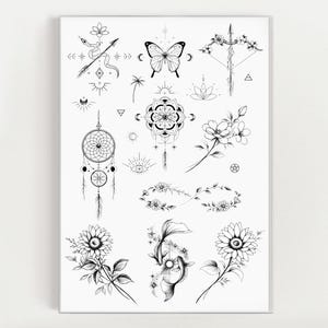 Boho tattoo style fine line hand drawn flash sheet printable artwork.