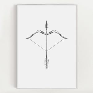 Könnte beinhalten: Eine Schwarzweiß-Zeichnung eines Bogens und Pfeils mit einer Federbefiederung am Pfeil.