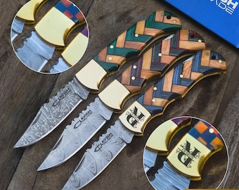 Personalized Gift Brass Wood Knives Handmade Mens Boyfriend Gift for Him, Fathers Day Gift, Engraved Pocket Knife, Groomsman, Wedding knives