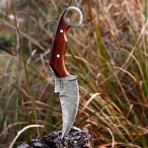 Handmade Damascus Karambit Bowie Hunting Knife wood handle with Sheath Groomsman gift for boyfriend birthday gift for dad gift for husband