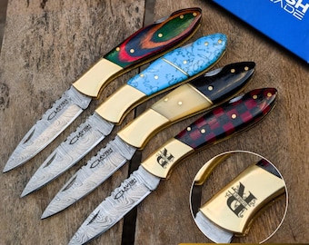 Personalized Damascus Folding Pocket Knife Brass Bolster Horn Bone Handle Sheath Hand Forged Anniversary Gift Groomsman Gift Christmas Gifts
