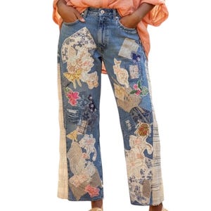 Upcycling Patchwork Jeans, Fransen und ausgefranste Denim, tragbare Kunst Jeans, Multi Media Fabric Art