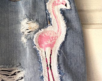 Applique Flamingo Patch, Slow Stitch Embroidered, Boho Upcycle Embellishment, Sew or Iron On